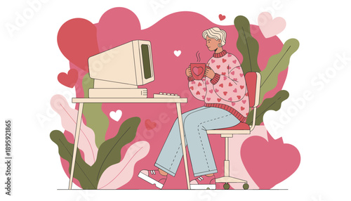 Person remote working comfortably on a vintage computer embracing online dating or cozy work