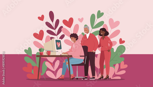 Multigenerational family supports dating or online connection on a retro computer surrounded by hearts