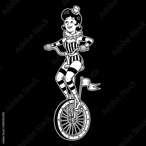 Vintage Circus Performer Riding Unicycle with Flag.