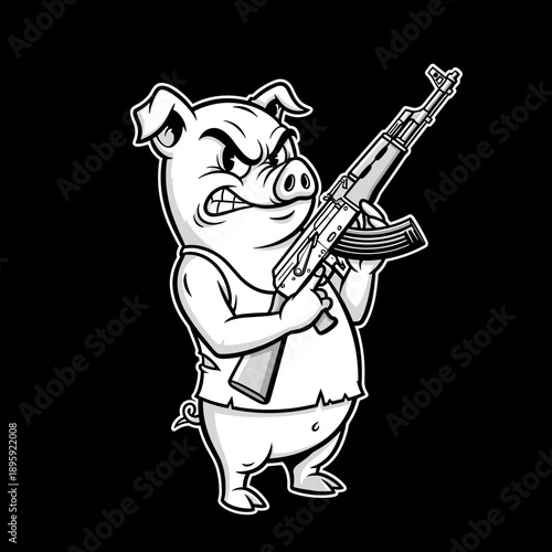 Angry Pig Holding an AK-47 Rifle Illustration.