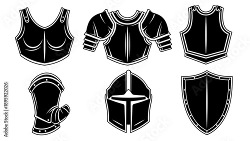 Medieval Knight Armor Set Collection with Helmet and Shield.