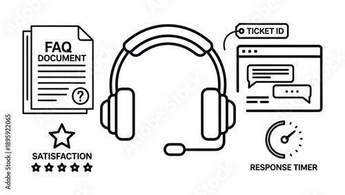 Support Services Icons: Depicting essential elements of effective support services, including the FAQ document, a ticket ID window, satisfaction feedback, and a response timer.