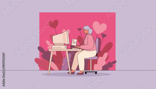 Woman using a retro desktop computer for work or online communication surrounded by hearts