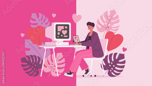 Creative woman working remotely on retro computer surrounded by vibrant pink plants and love hearts