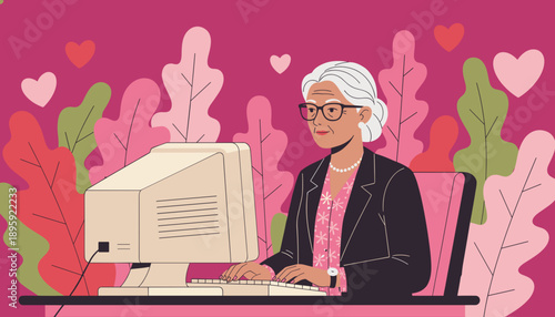 Smiling senior businesswoman typing on a retro computer in a vibrant illustrated office setting