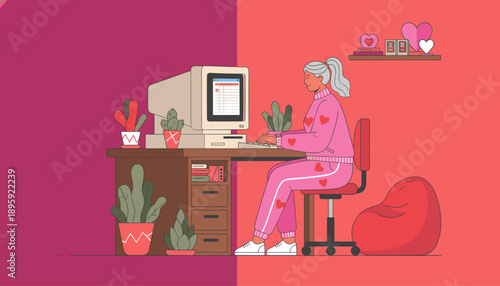A woman in cozy heartprint clothes works on a retro computer at home emphasizing remote work comfort