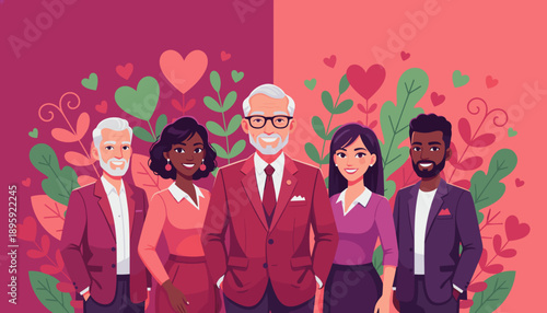 Diverse group of smiling professionals illustrated with hearts and foliage symbolizing unity and teamwork