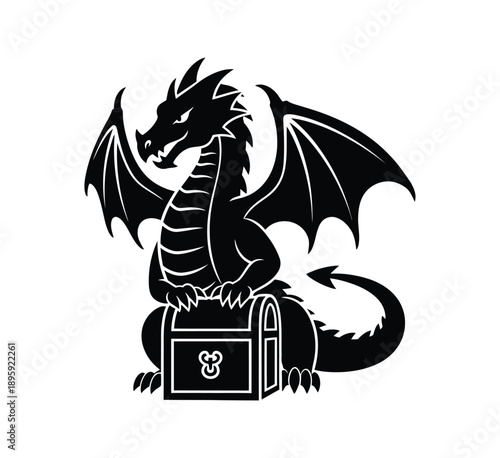 A dragon sitting on a treasure box with wings spread