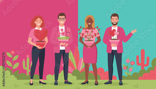 Diverse people holding flowering hearts and plants symbolizing love care and relationship growth