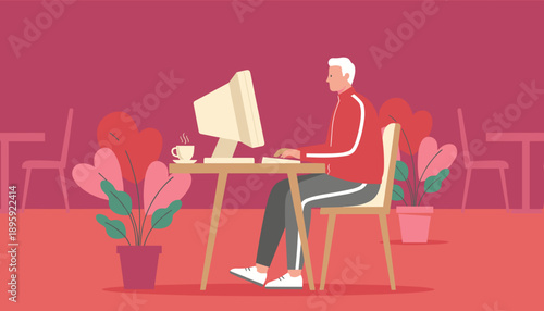Remote worker uses a retro PC in a stylized pink cafe Freelance creativity and digital lifestyle