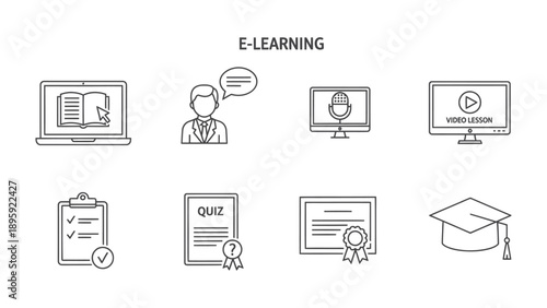 E-learning Icon Set: A collection of meticulously crafted line icons representing key aspects of e-learning, designed to convey the essence of digital education, knowledge.