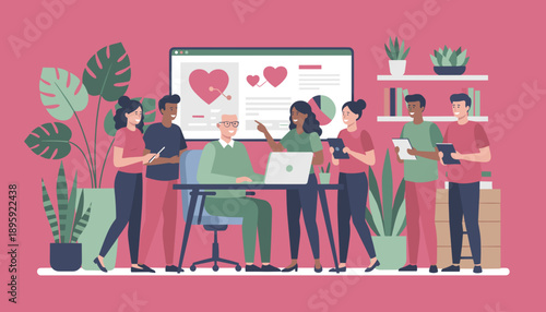 Diverse team collaborating on metrics display in a modern office Data analysis and business success