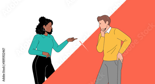 Communication Conflict and Misunderstanding Vector. Woman Explaining, Man Listening, Split Background.