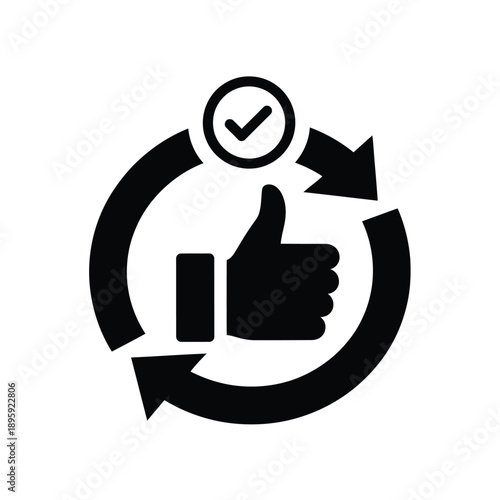 Black and white thumbs up icon with circular arrows and checkmark in a cycle of approval