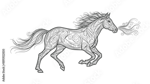 Majestic Horse in Motion: A stylized illustration of a galloping horse with flowing mane, exuding a sense of freedom and grace. Capturing its spirited energy.