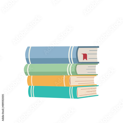 Stack of four colorful books with bookmark.