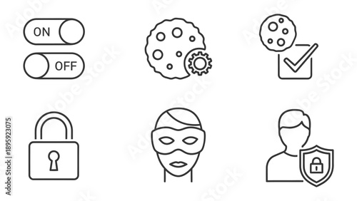 Cybersecurity Elements: An array of linear icons, a cookie, a checkmark, on off switch, and a masked individual, all symbols representing vital elements of cybersecurity.