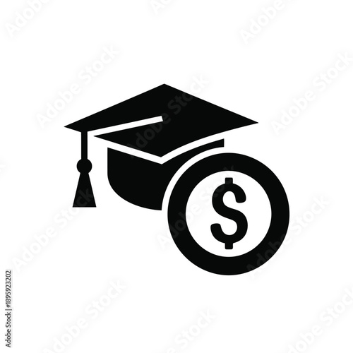 Black icon of a graduation cap and a dollar sign on a, symbolizing education and finance