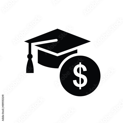 A black icon of a graduation cap and a dollar sign on a coin, representing education and finance