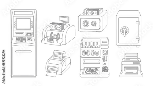 Financial Equipment: A set of detailed line art illustrations showcases an array of financial equipment. Each piece, from the automatic teller machine to the safe.