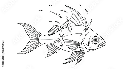 Shattered Goldfish: An artistic depiction of a goldfish, its form partially fragmented, suggesting fragility, transformation, or a broken state. 