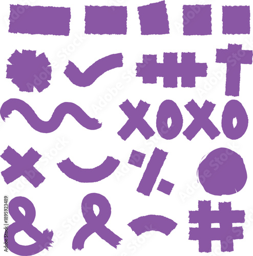 Purple hand-painted brush stroke symbols including X, O, hearts, numbers, and punctuation for creative designs.