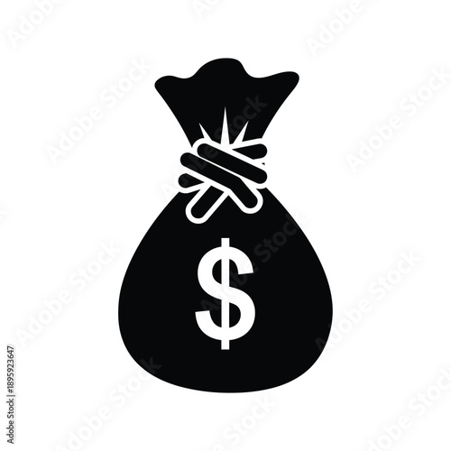 Black money bag icon with dollar sign for finance and currency concepts