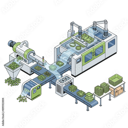 Automated plastic injection molding machine producing green containers.