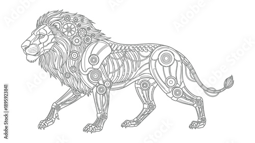 Mechanical Lion: A meticulously crafted artistic portrayal of a majestic lion, intricately designed with mechanical elements, showcasing the fusion of nature and technology.