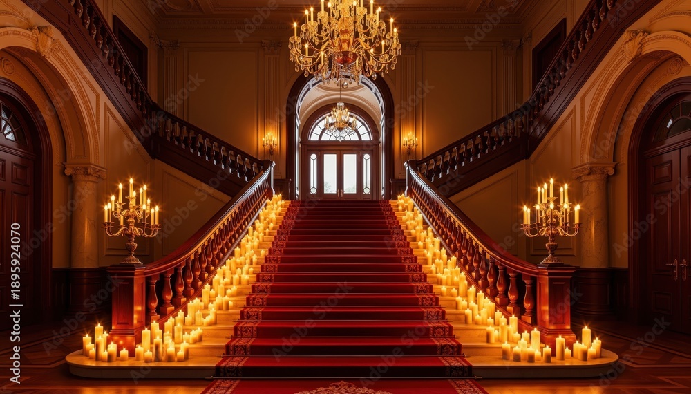 Obraz premium Grand Staircase of Elegance: An opulent interior showcases a grand staircase adorned with warm candlelight, creating a scene of timeless sophistication and luxurious design.