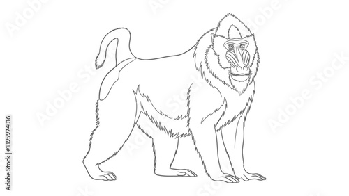 Mandrill Illustration: A detailed black and white illustration of a Mandrill. It offers a clear depiction of the animal, perfect for educational or illustrative purposes.