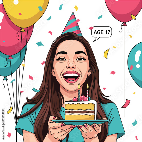 A young woman wearing a party hat holds a birthday cake with a lit candle, surrounded by colorful balloons and confetti, celebrating her sweet seventeen in a happy and festive party atmosphere.