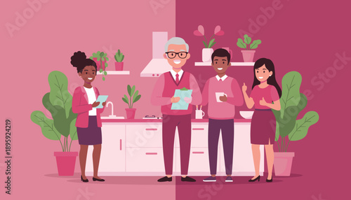 Diverse team in a stylish kitchen Home design consultation real estate sale or business meeting