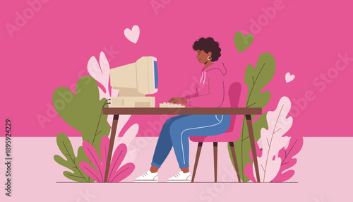 Illustrated woman works happily on a retro PC among lush colorful plants and hearts