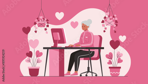 Happy senior woman uses a computer at a desk decorated with pink hearts embracing technology and love