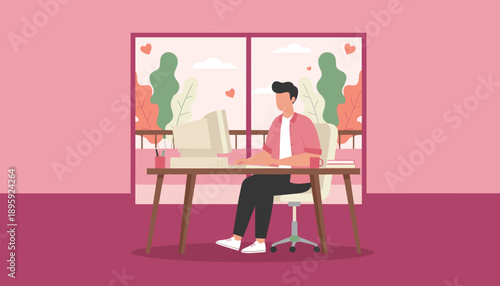 Young man working remotely on a desktop PC from a cheerful colorful flat illustration home office setup