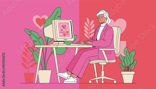 Stylish woman uses a retro PC for online dating and digital romance vector illustration