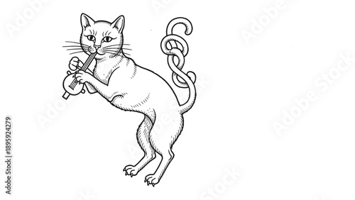 Elegant Feline: A meticulously crafted illustration of a refined cat, portrayed with a flute in its grasp and an ornate tail, standing against a clean expanse.