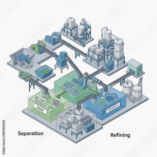 Detailed Isometric Diagram of an Industrial Separation and Refining Plant.