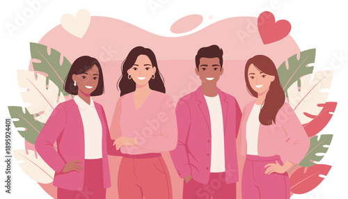 Diverse professional team wearing pink symbolizing unity support and collaboration on a positive background