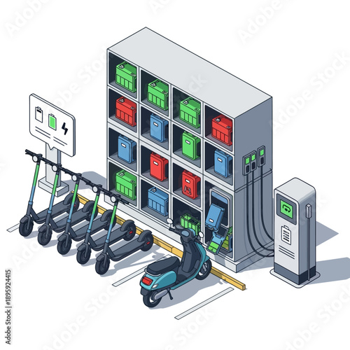 Electric Scooter and Moped Charging Station with Battery Swapping System.
