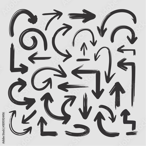Collection of assorted black arrows pointing in various directions on a plain white background, viewed from a straightforward perspective