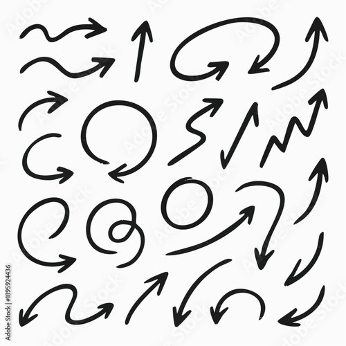 Various arrows and shapes pointing in different directions in a simple black line drawing on a white background viewed from directly above