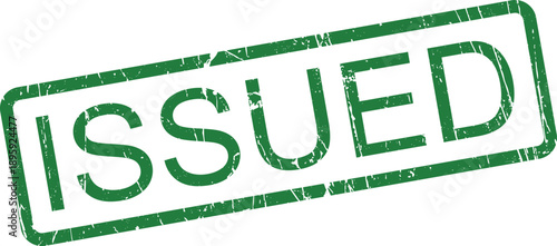 A recognizable green rubber stamp impression highlights the word ISSUED clearly on a clean white surface