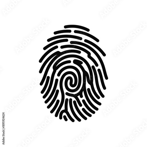 A black fingerprint icon on a plain used for identification purposes in security and forensic applications globally every day
