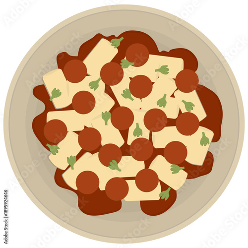 Illustration of Pasta with Meatballs and Sauce. Italian Dish.