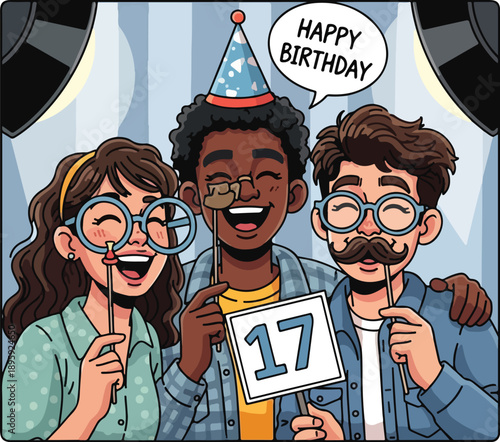 Friends Celebrating 17th Birthday with Photo Booth Props and Number 17 Sign