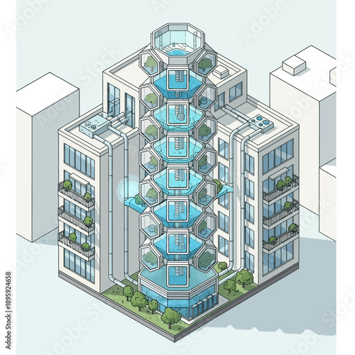Futuristic urban building with hexagonal vertical farm structure.