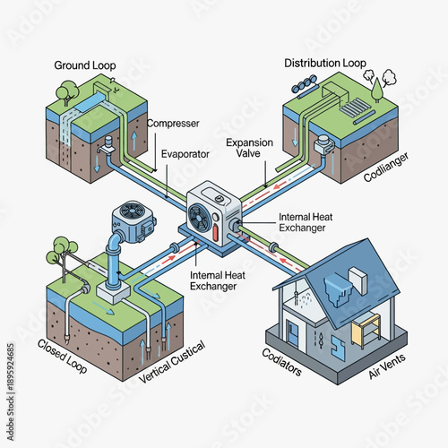 Geothermal Heat Pump System Diagram with Ground and Distribution Loops.