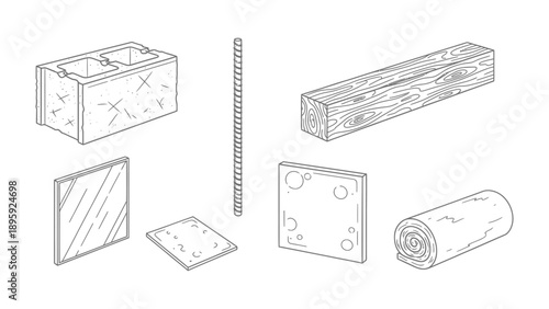 Construction Elements: Various construction materials like brick, wood, tiles, and a measuring tool, arranged to highlight the building process. 